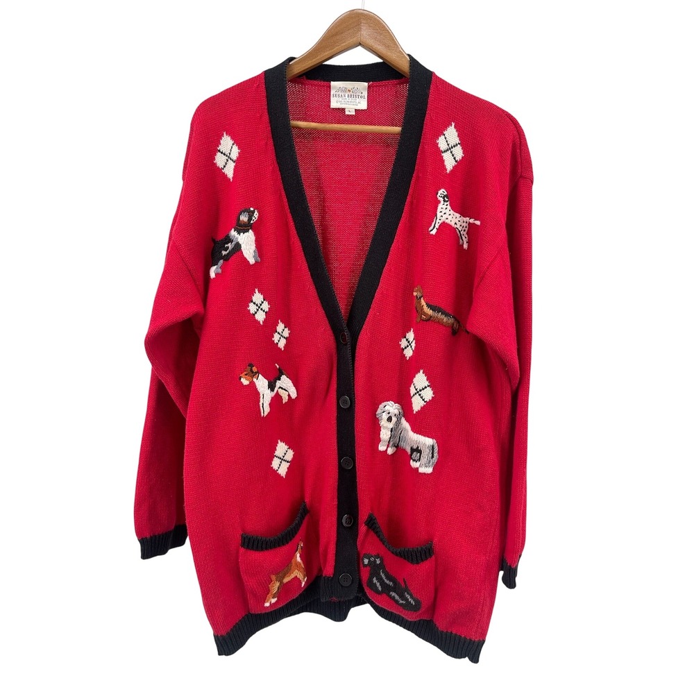 Susan Bristol Cardigan Womens L Red Dog Embroidered Vintage Knit Sweater